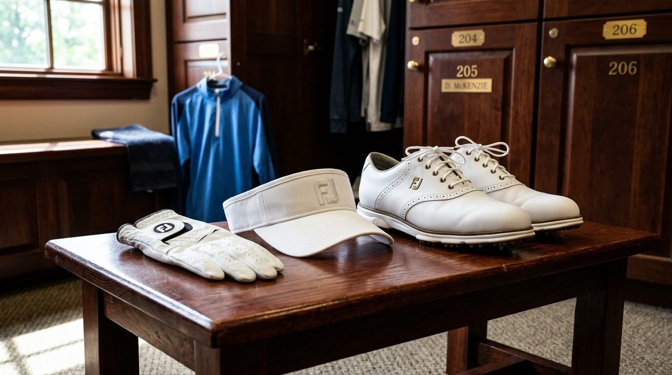 A white golf glove, visor, and pair of FootJoy shoes sitting on a dark wood bench in front of lockers.