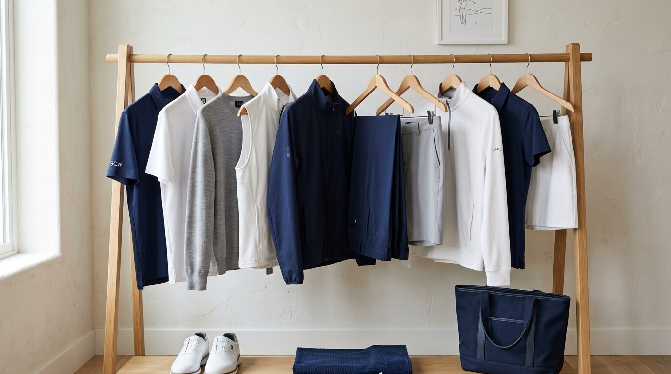 Men's golf shirts, jackets, and trousers organized neatly on wooden hangers over a pair of white shoes.