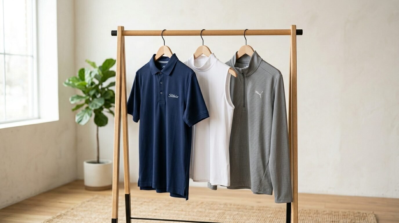 A navy polo, white sleeveless mock neck, and grey quarter-zip hanging on a wooden garment stand.