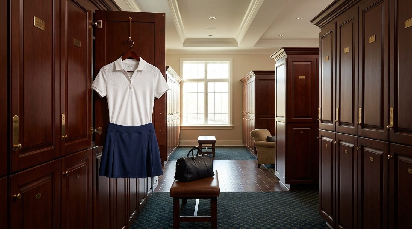 White polo shirt and pleated navy skirt hanging on a locker door with a black leather bag sitting on a nearby bench.
