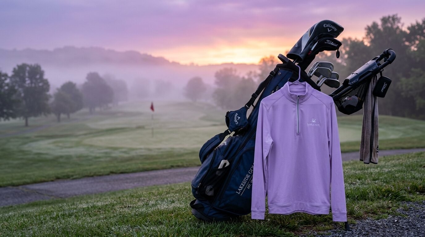 Light purple quarter-zip shirt hanging on a golf bag at a foggy fairway sunrise.