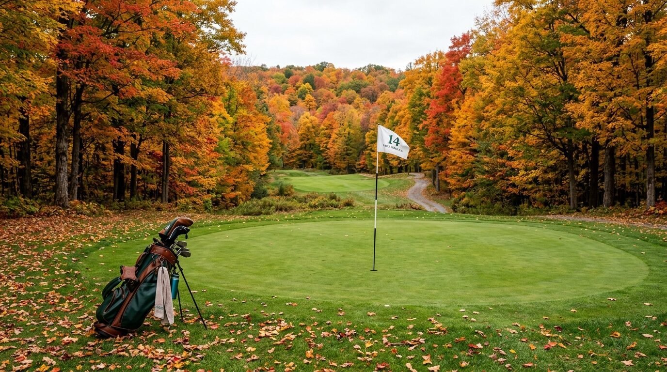 Golf bag with clubs sitting near the hole marker on a golf course surrounded by colorful fall foliage.