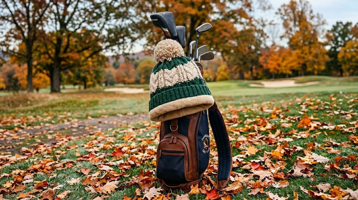 Golf bag with a green and tan pom-pom beanie sits on a fairway covered in orange and brown fallen autumn leaves.