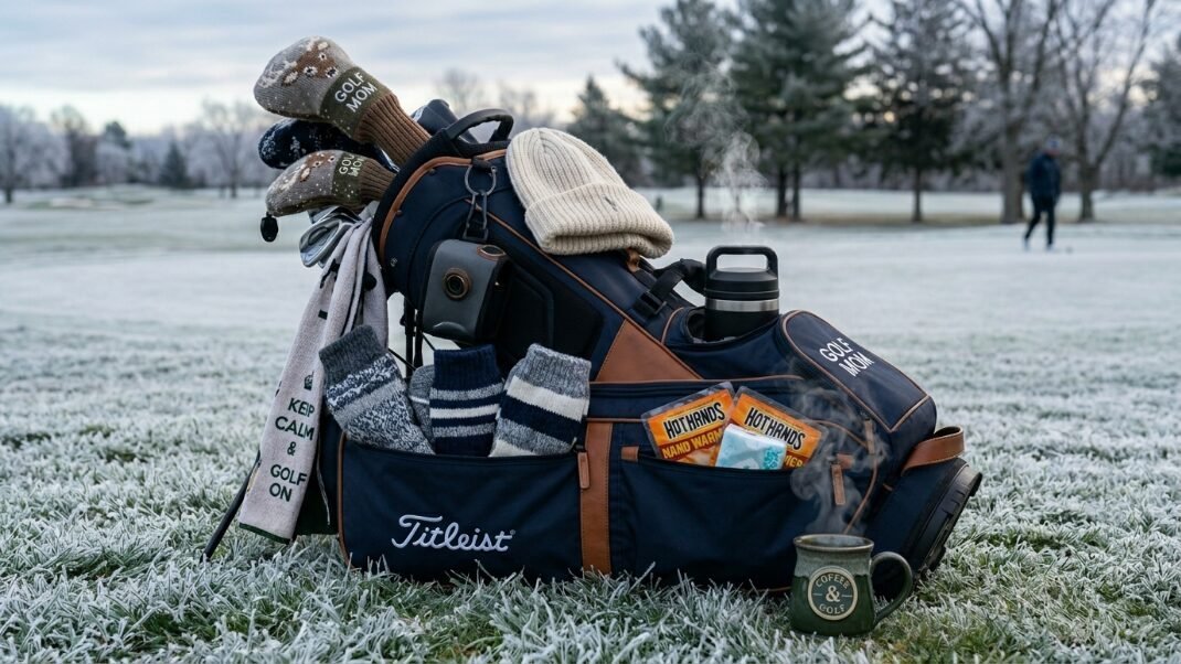 A Titleist golf bag on a frosty course featuring knit headcovers, hot hands warmers, a beanie, and a steaming mug.