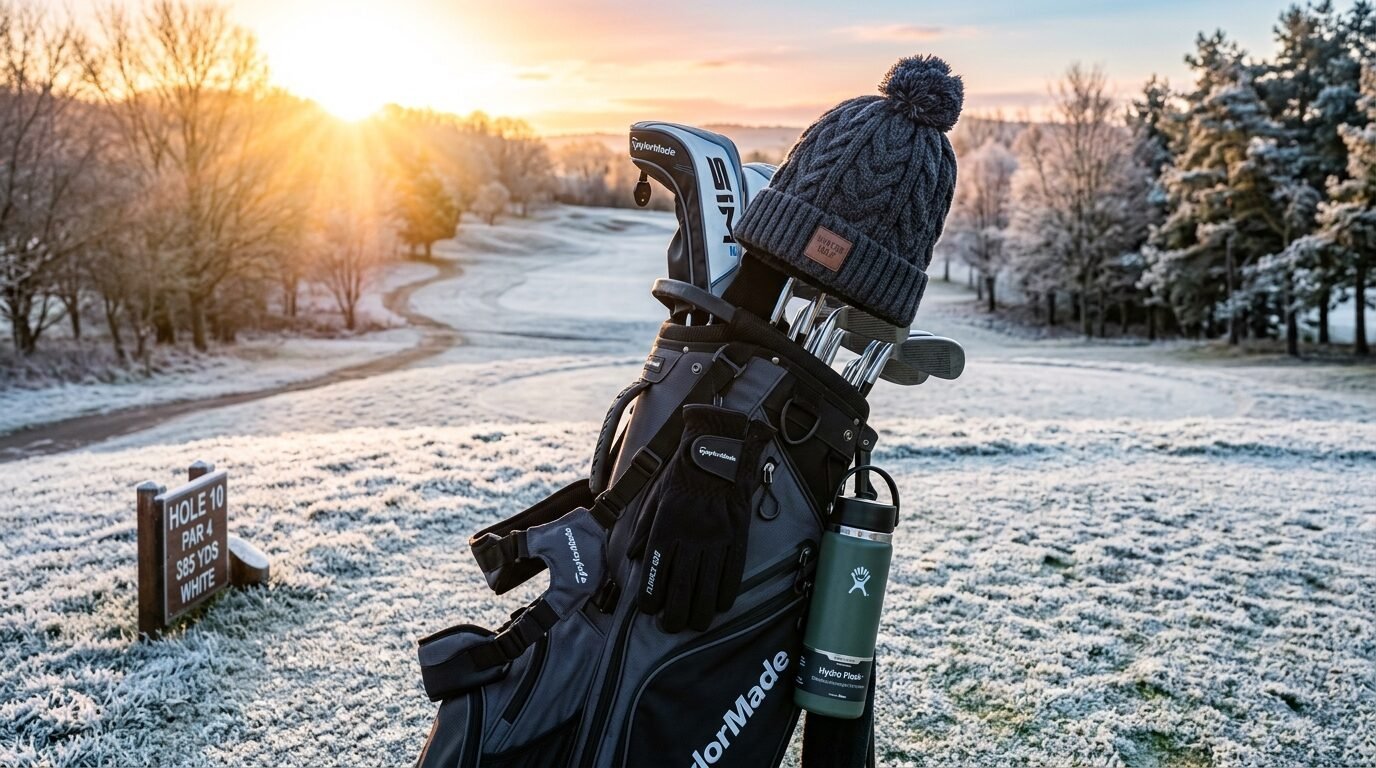 A golf bag with a beanie and water bottle standing on a cold, frost-covered golf course at sunrise.