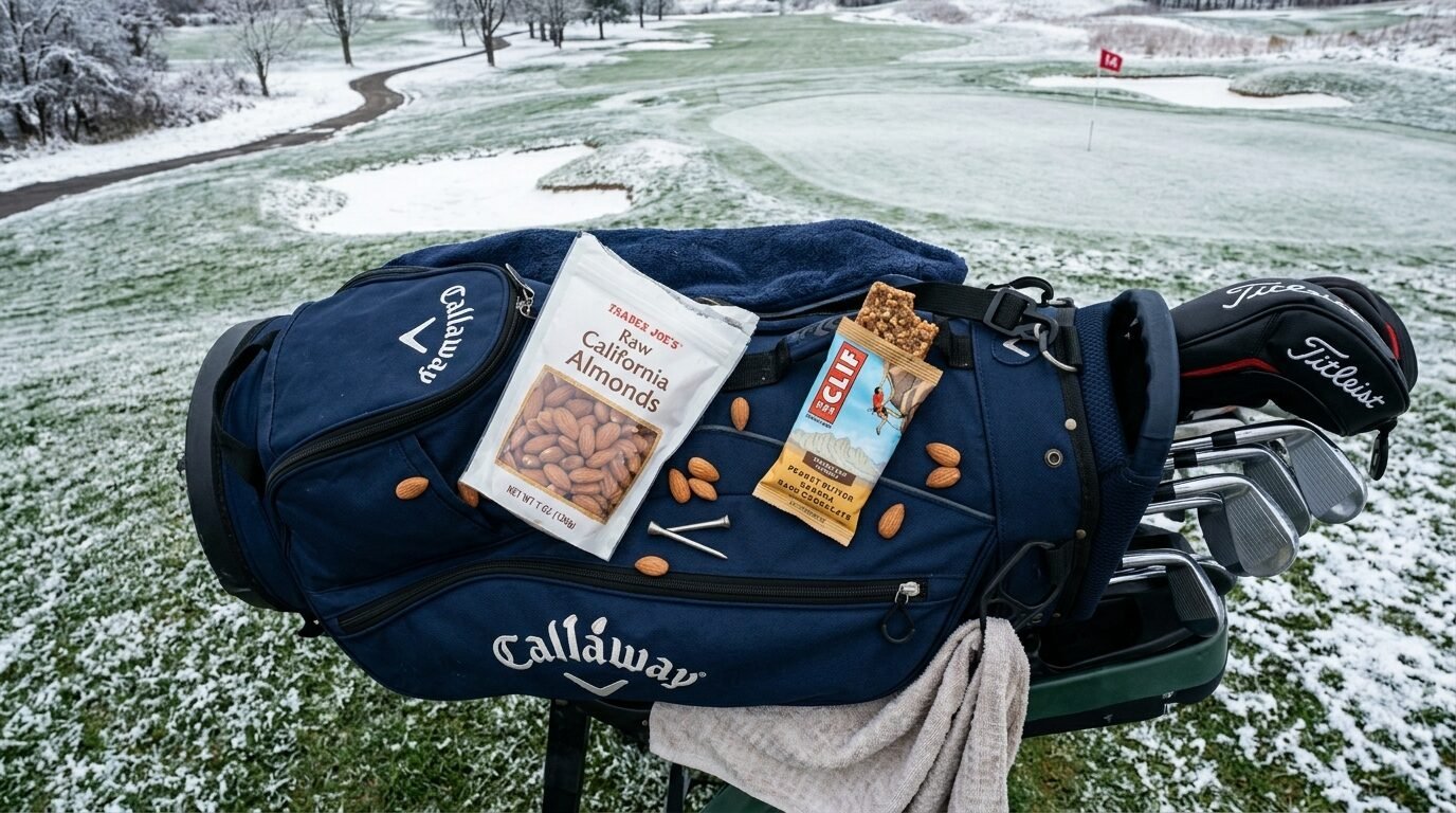 Trader Joe's almonds and a Clif bar on a Callaway golf bag against a snowy green fairway.