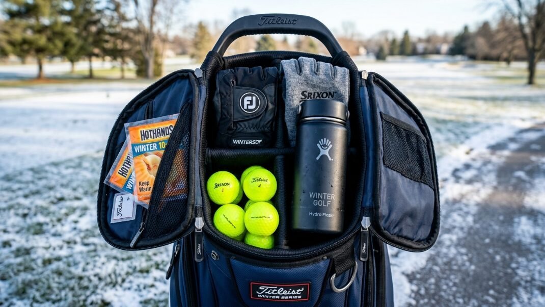 Open golf bag showing yellow balls, warm gloves, hand warmers, and a water bottle on a snowy course.