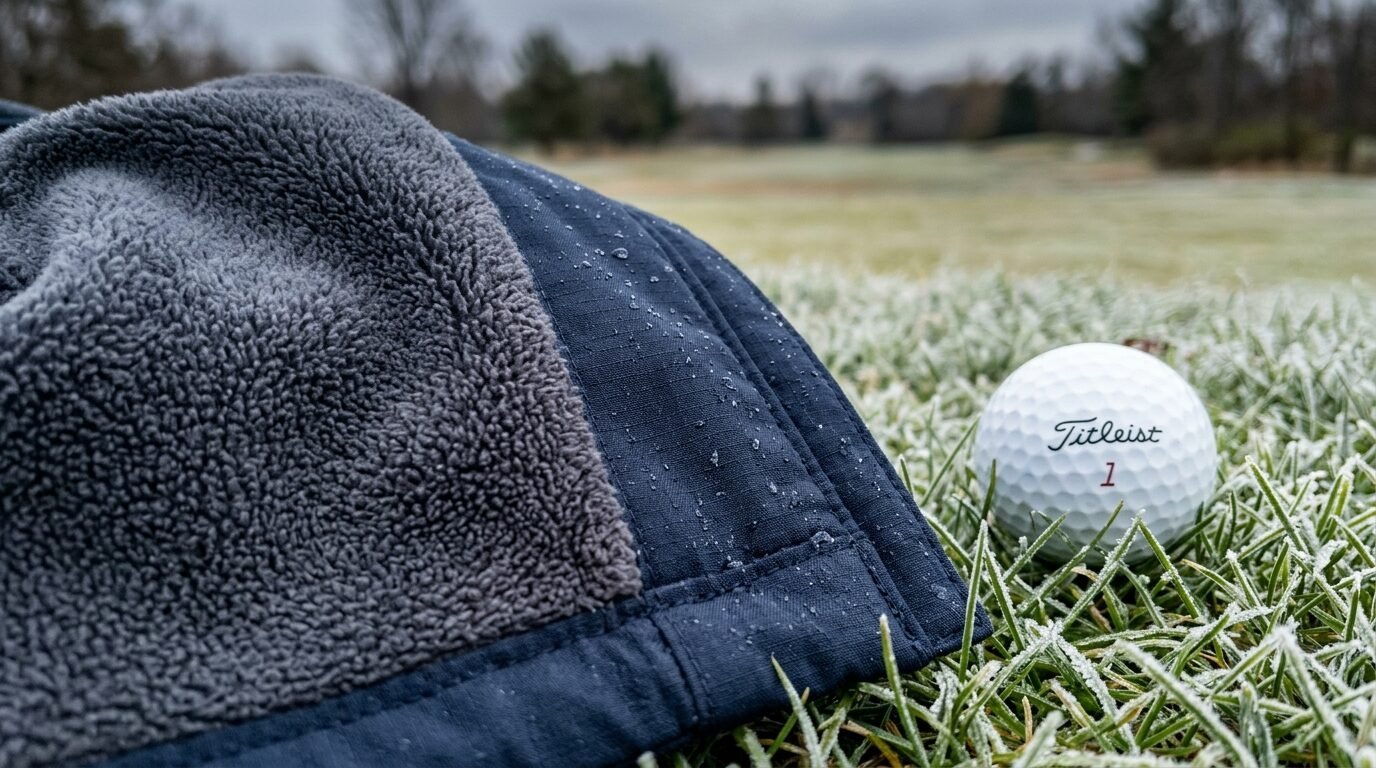 A white golf ball sits on frost-covered grass next to a blue fleece towel with water droplets.