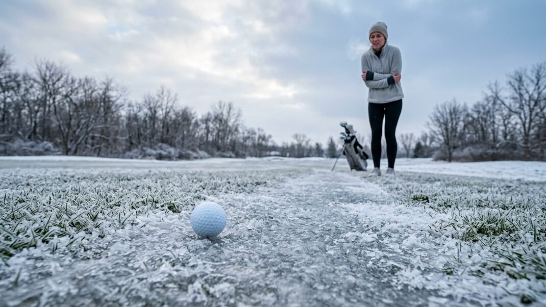 Woman in winter clothes clutching her arms against the cold on a frosty golf fairway near a ball.