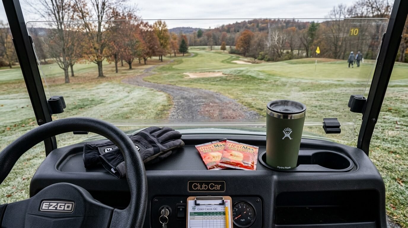 Golf cart dash featuring a Hydro Flask, hand warmers, and gloves on a frosty golf course.