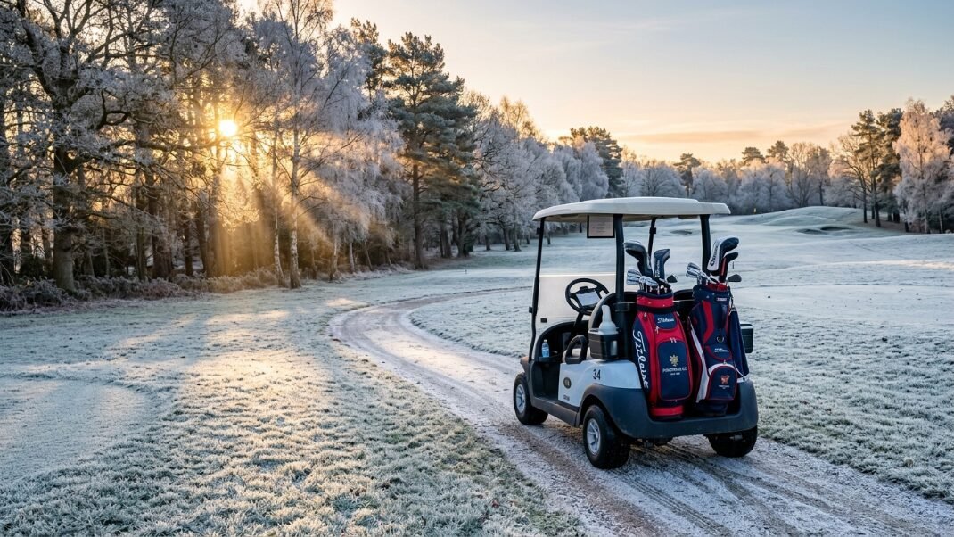Golf cart carrying two bags parked on a snowy, frozen trail through a tree-lined course at dawn.