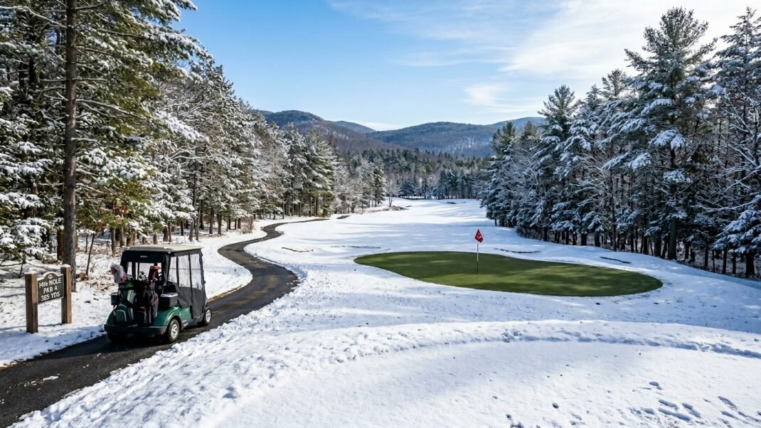 Golf cart driving on a winding paved path through a winter landscape with snow-covered trees and a clear putting green.
