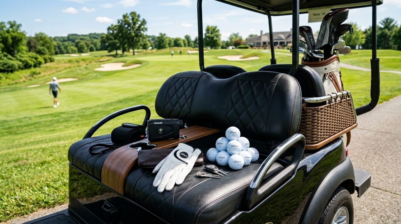 Close up of a golf cart seat featuring a stack of white golf balls, a glove, rangefinder, and car keys.