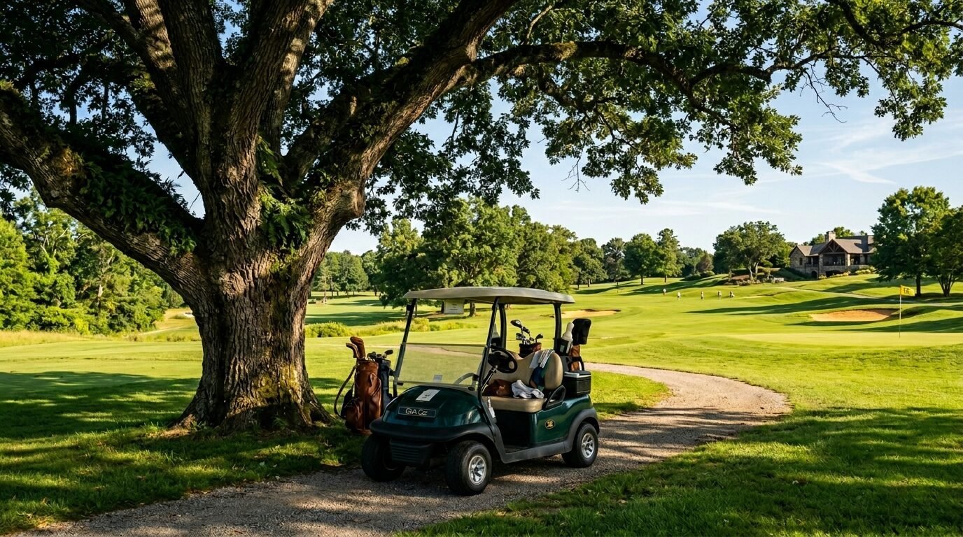 Golf cart parked on a gravel path beneath a big tree overlooking a sunny green golf course.