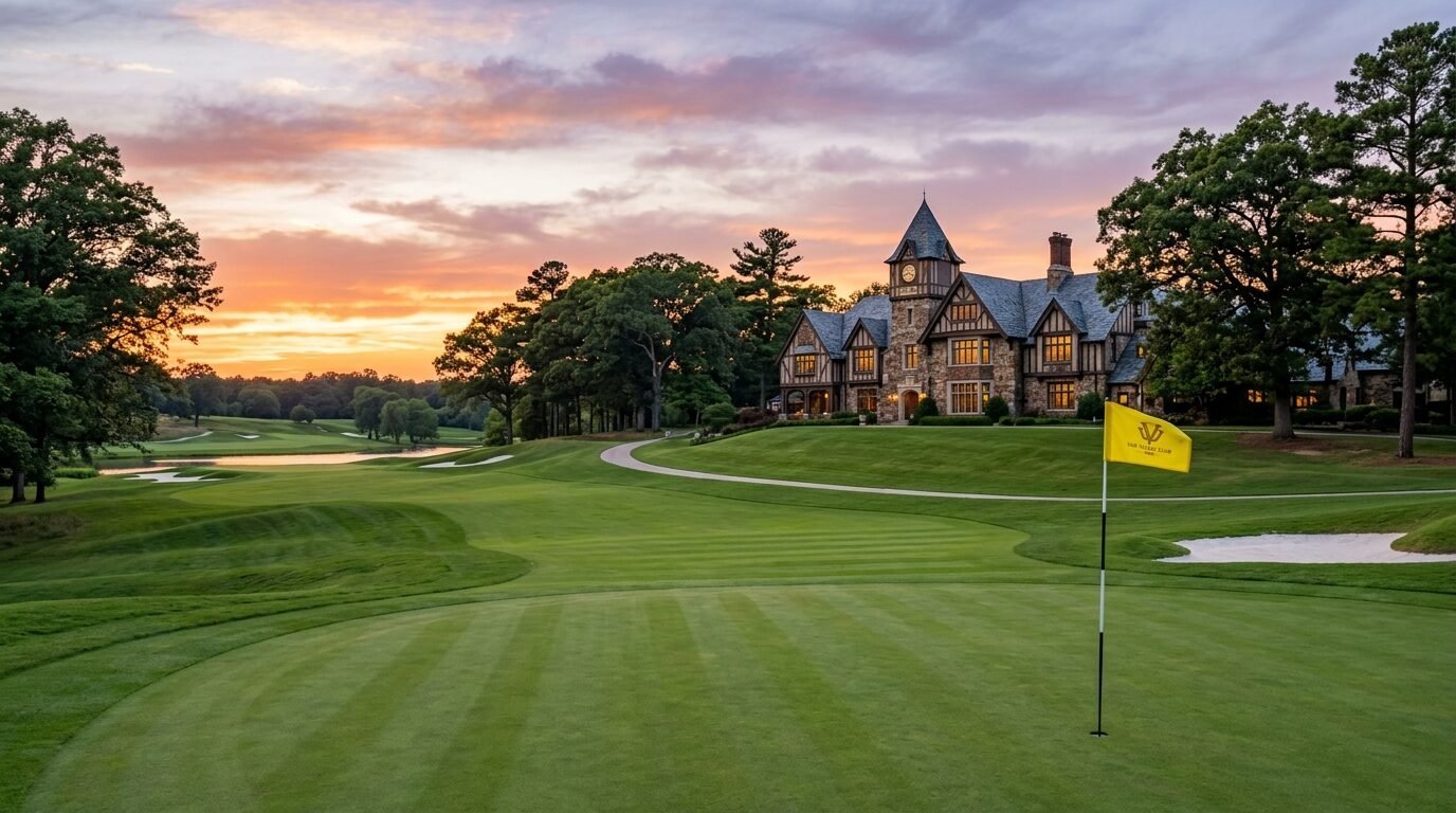 A stone Tudor mansion behind a manicured putting green with a yellow flag under a dramatic purple and orange sky.