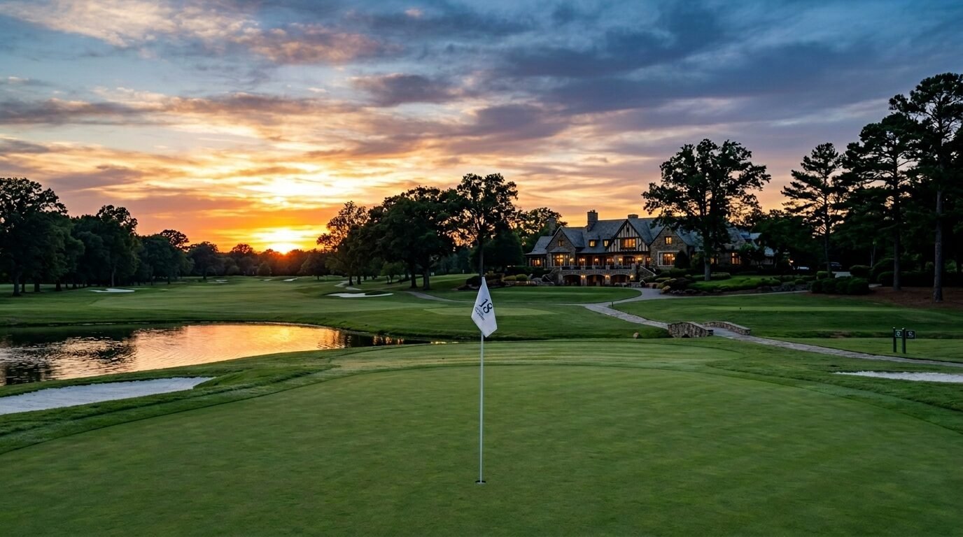 Golf course putting green with flagstick in foreground and a large stone clubhouse at dusk.