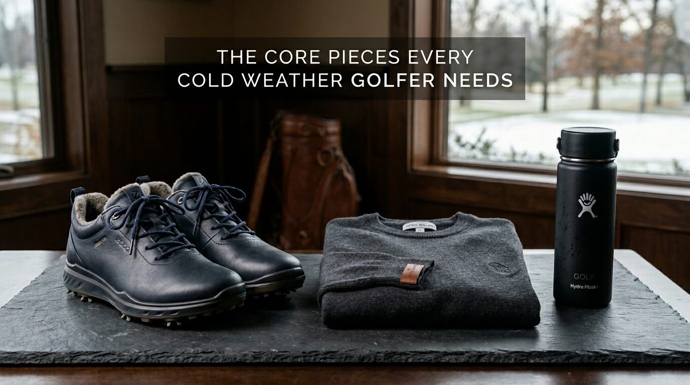 Navy leather golf shoes, a grey wool sweater, and a black insulated water bottle on a dark stone surface.