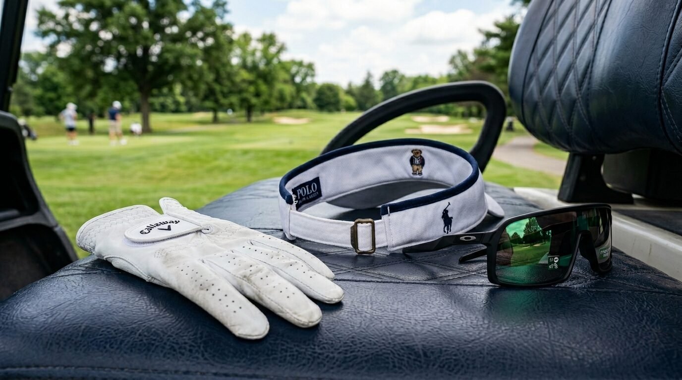 A white Callaway golf glove, Polo Ralph Lauren visor, and Oakley sunglasses sitting on a blue golf cart bench.