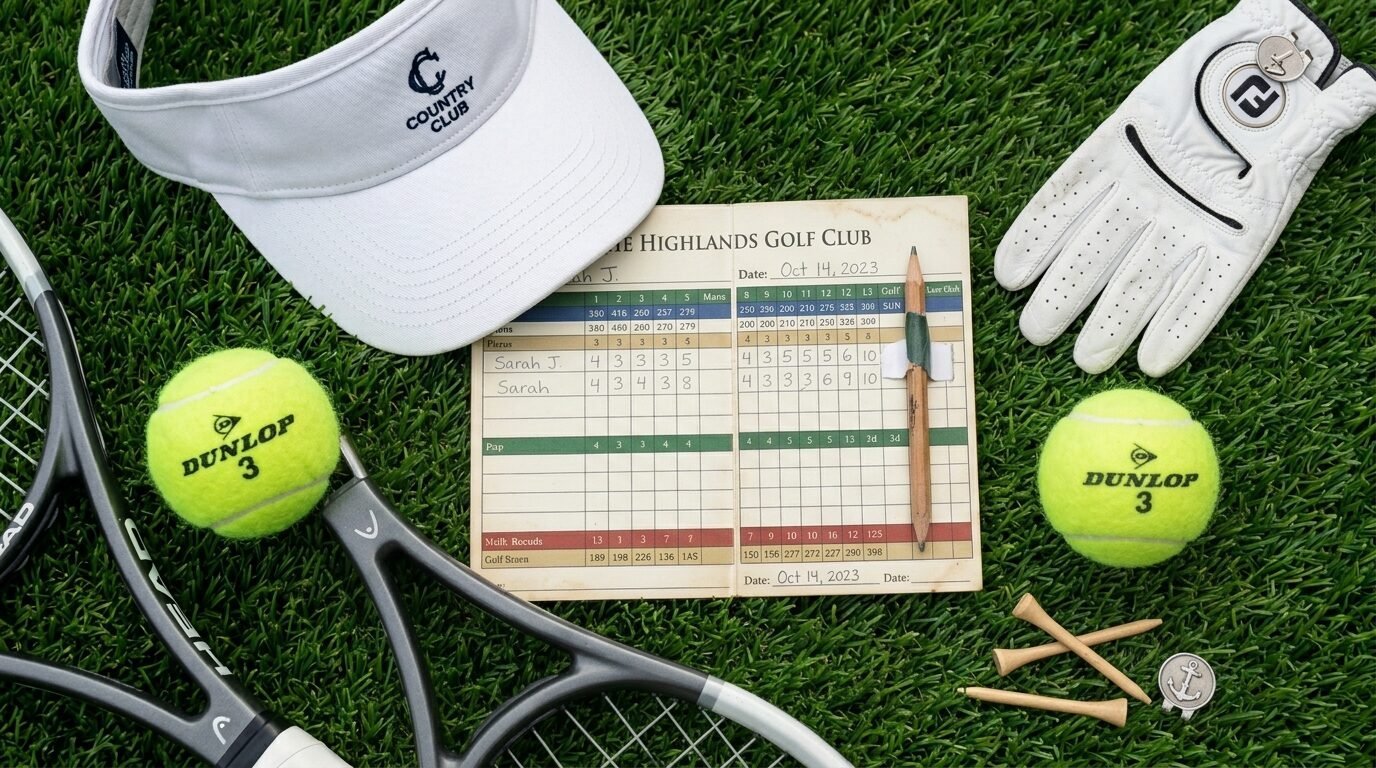 A golf scorecard, white visor, Dunlop tennis balls, a glove, and wooden tees laid out on green synthetic grass.