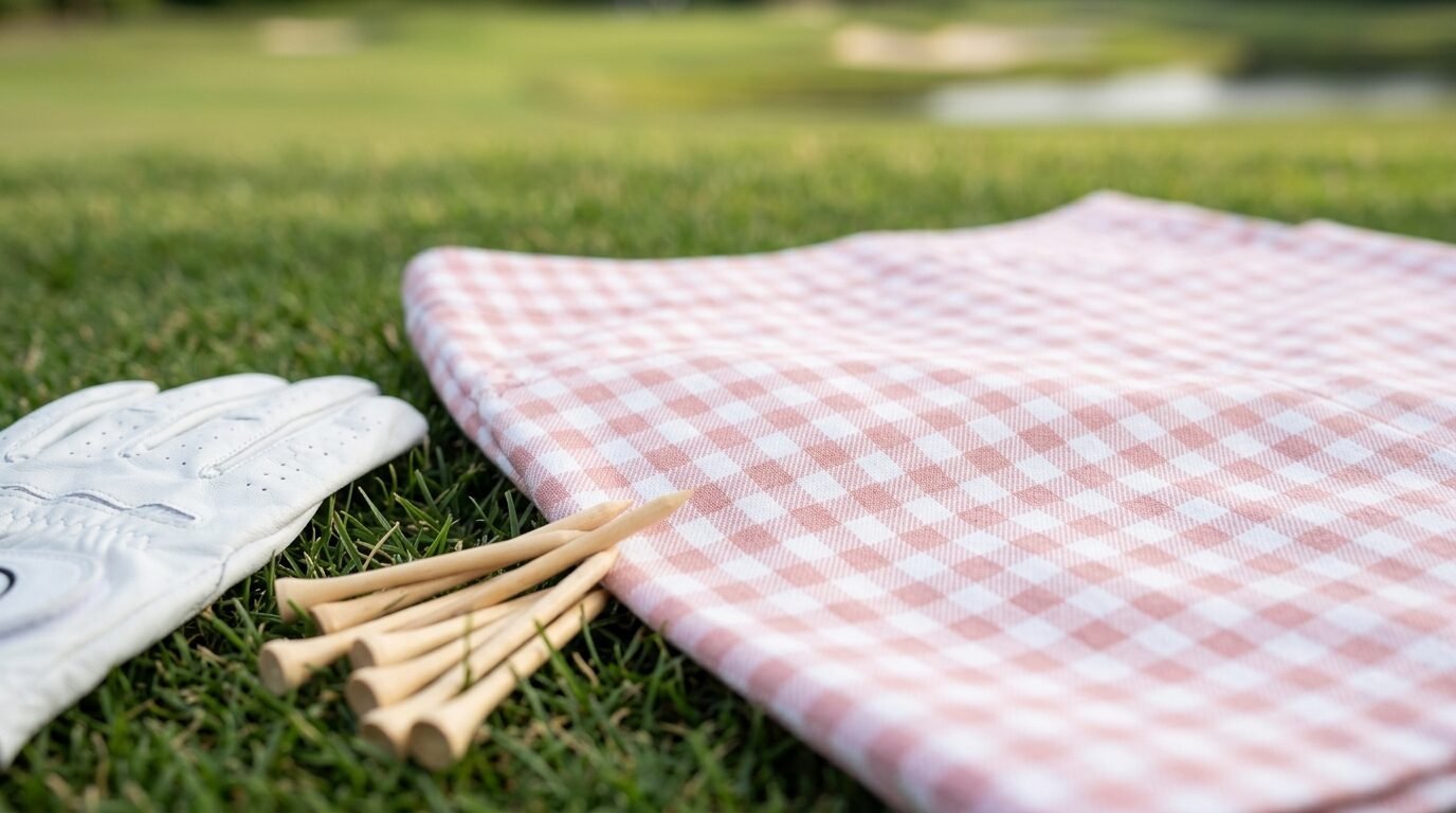 A white leather golf glove and wooden tees beside a light pink gingham cloth on a green golf course lawn.