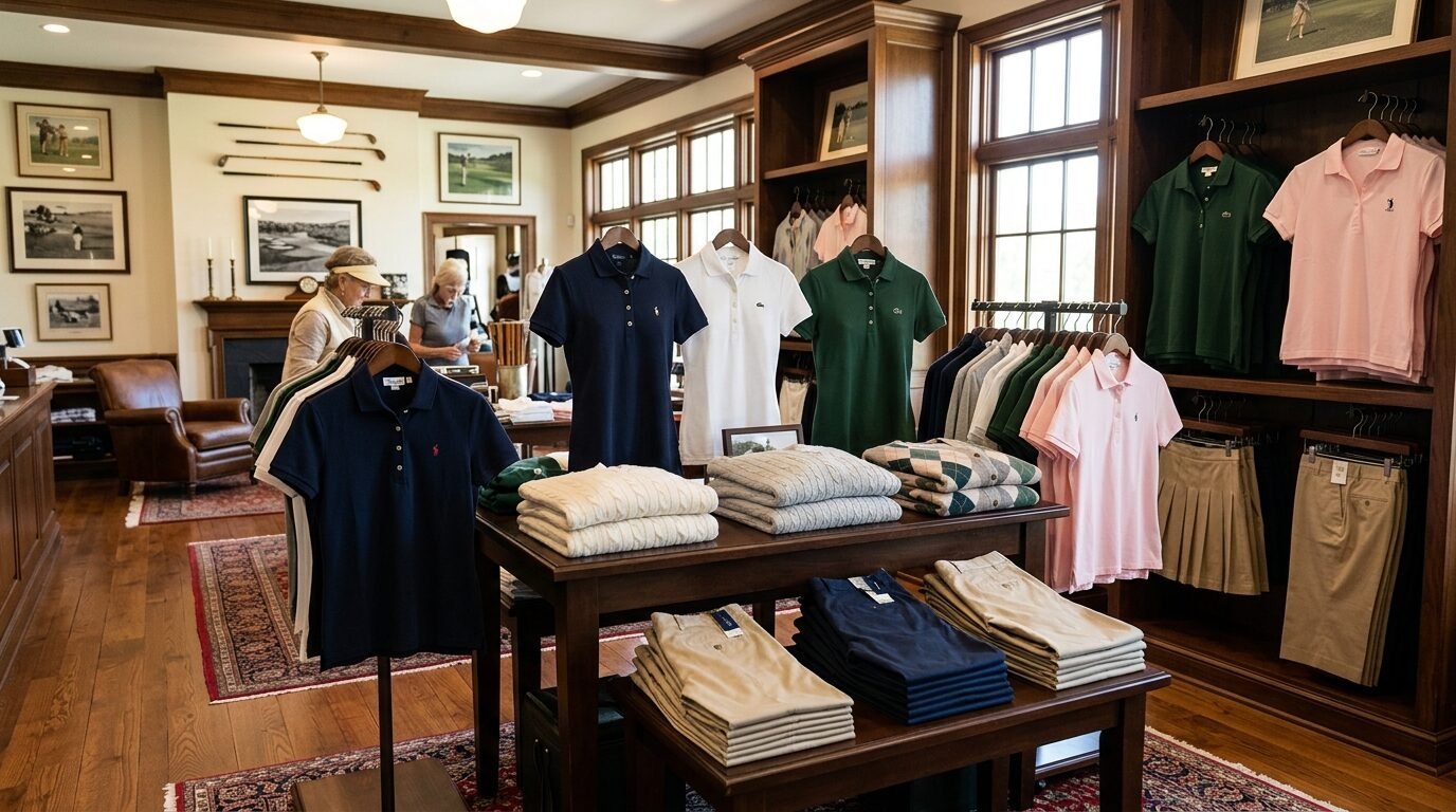A boutique golf shop interior with wooden shelves displaying folded trousers, sweaters, and hanging polo shirts.