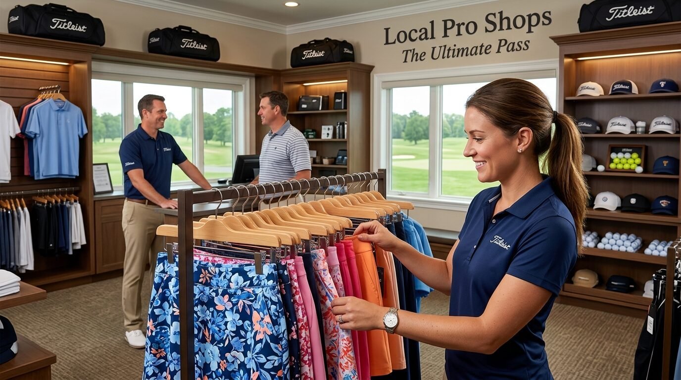 A woman browses colorful golf skirts on a clothing rack while two men stand at the counter in a pro shop.