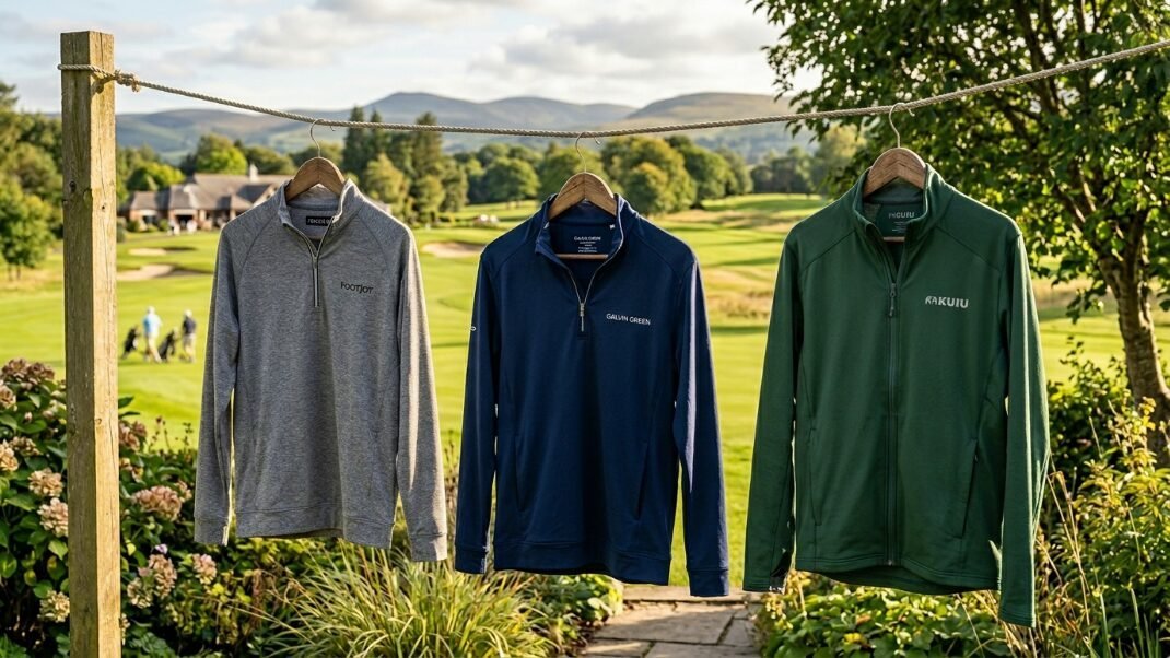 Grey, navy, and green athletic zip-up shirts displayed on wooden hangers with a golf course background.