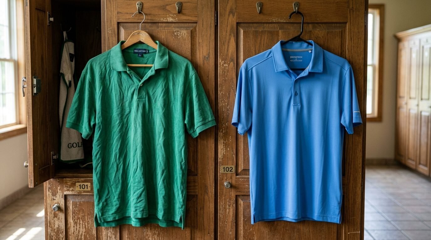 Green and blue golf polo shirts suspended on hangers in front of old wooden lockers.