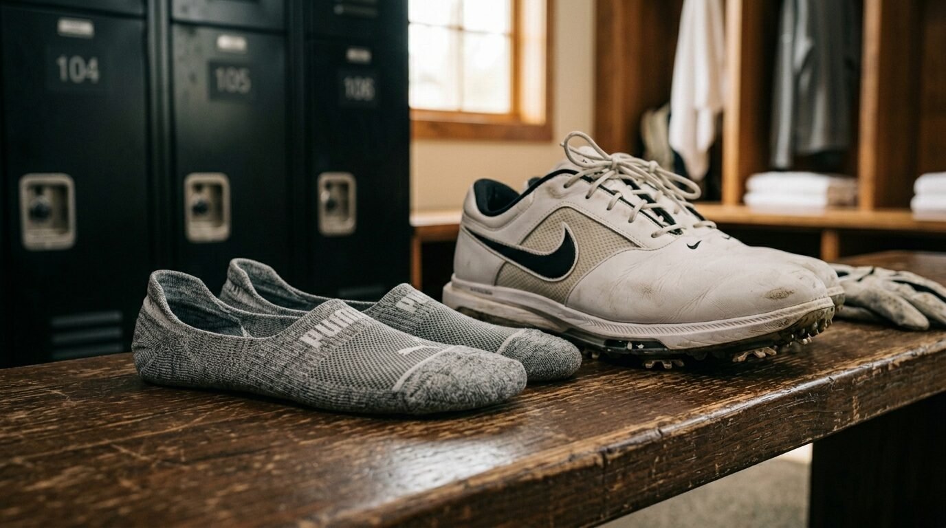 Close up of worn white Nike golf shoes and grey Puma no-show socks resting on a wooden locker room bench.