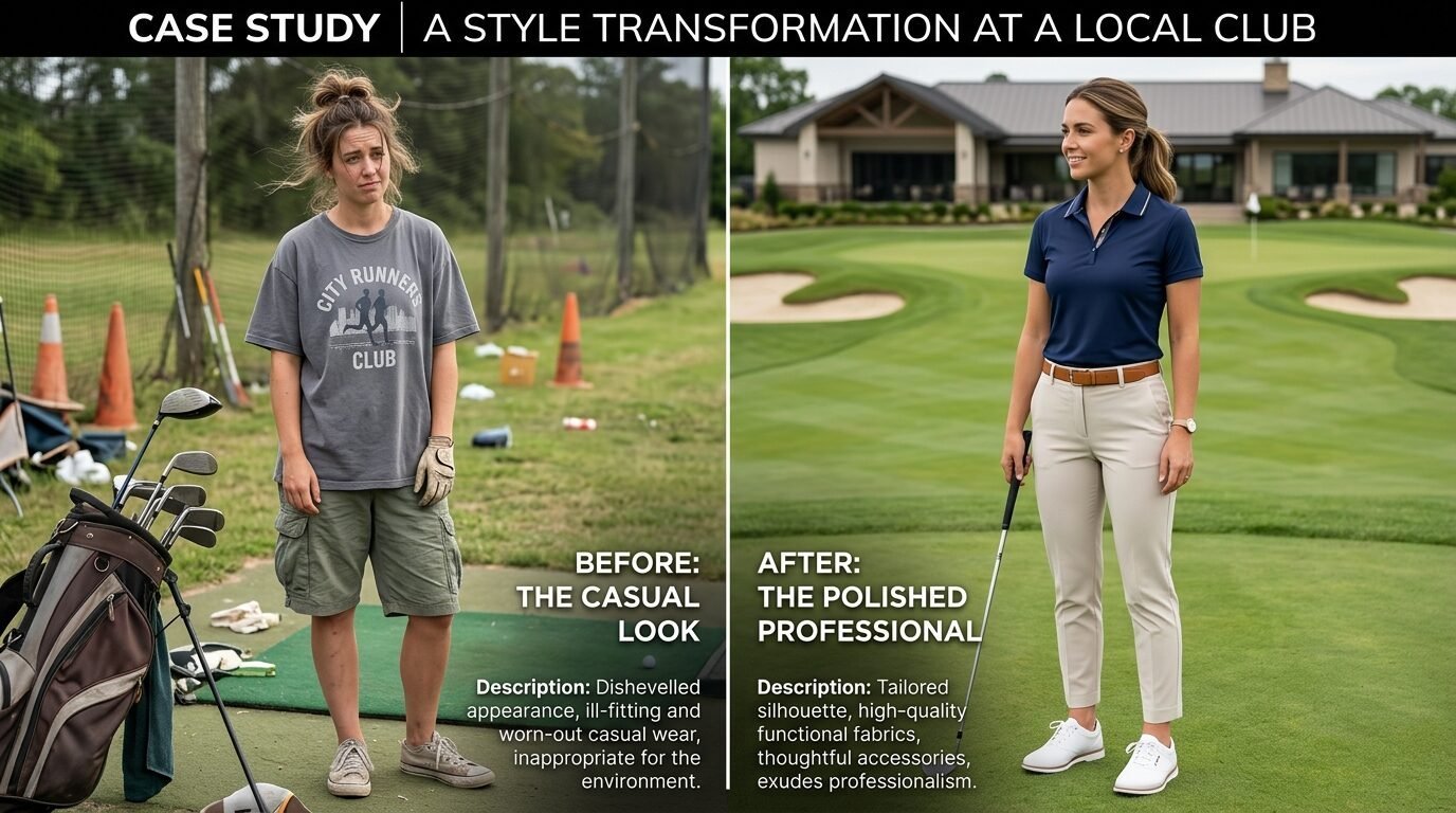 Comparison of a woman in messy clothes at a driving range versus her professional golf outfit on a green.