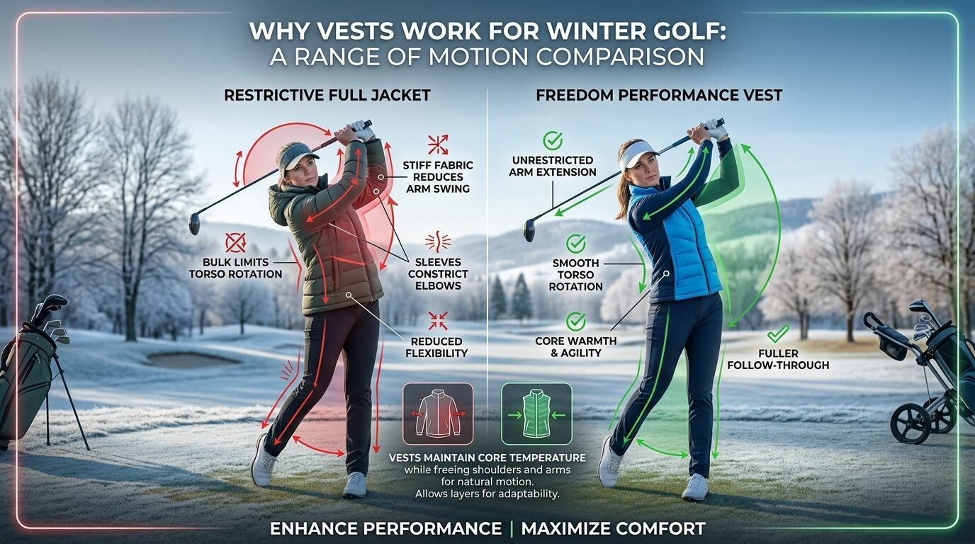 Infographic showing a golfer's swing range difference between wearing a restrictive jacket and a flexible golf vest.