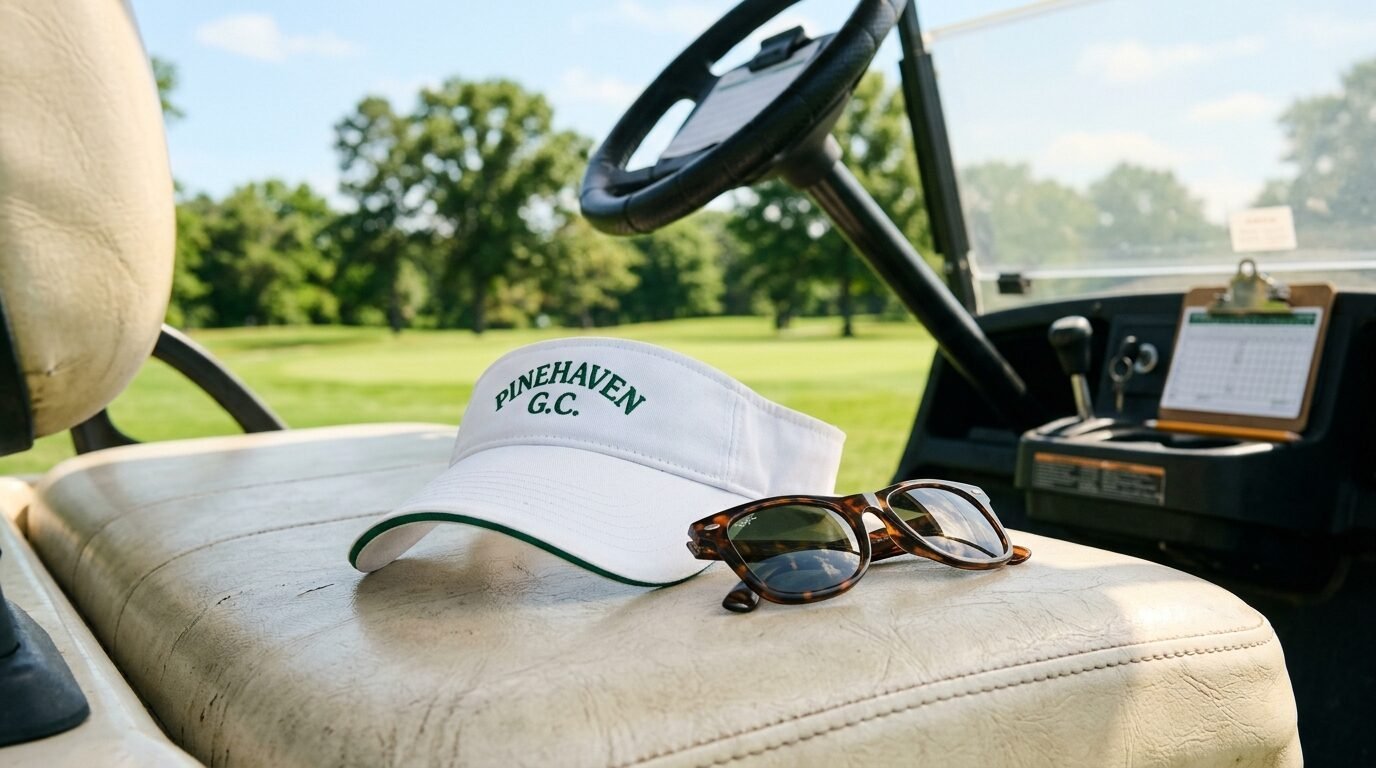 A white golf visor with green embroidery and tortoiseshell sunglasses sit on a golf cart seat on a sunny day.