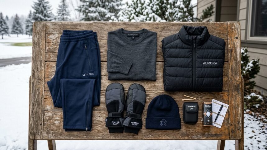 Top-down view of navy fleece pants, a sweater, quilted vest, winter mittens, beanie, GPS, and golf balls on wood.