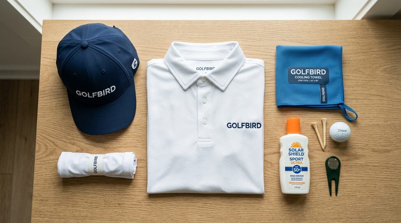 Golfbird white shirt, navy hat, blue cooling towel, sunscreen, golf ball, tees, and divot tool on a wood table.