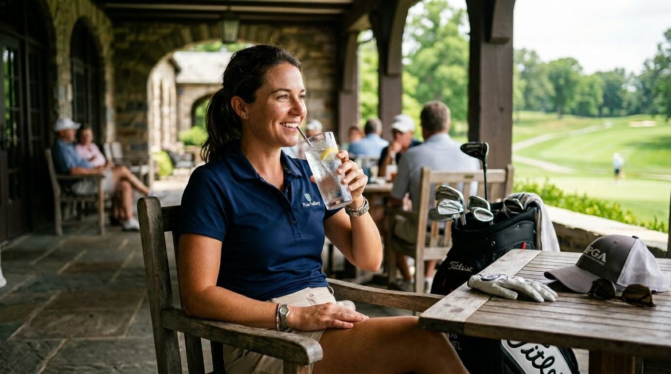 Golfer in a navy polo shirt sipping a lemon-infused beverage outdoors with clubs and a hat on the table nearby.