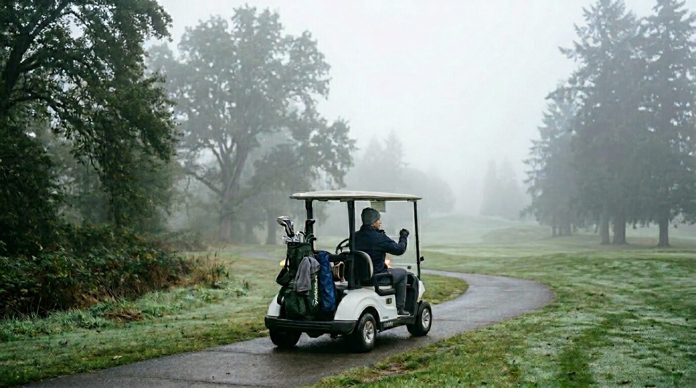 A person driving a white golf cart carrying clubs along a path through a misty, tree-lined golf course.