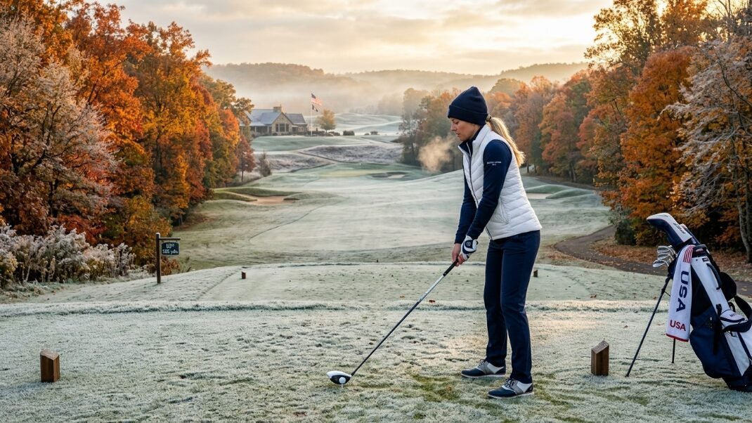 A woman golfer wears a beanie and vest while teeing off on a cold, misty golf course with fall foliage.