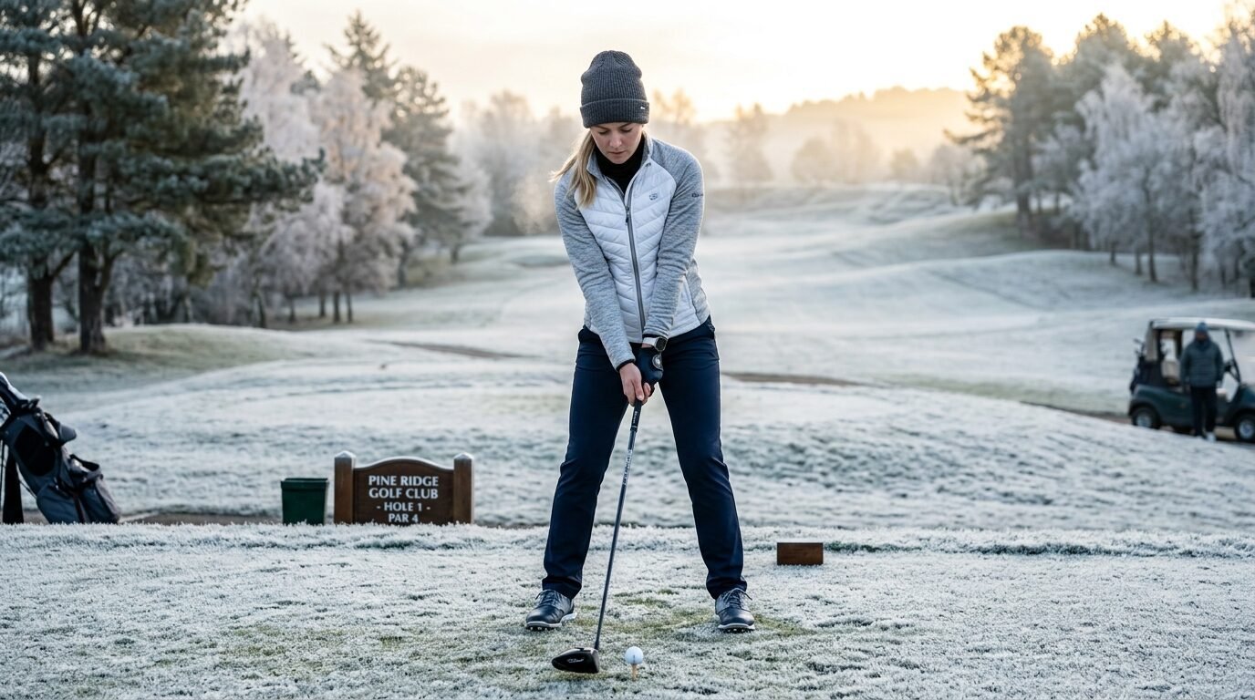 A woman in a grey beanie and puffer vest stands over a golf ball on a frosty Pine Ridge golf course.