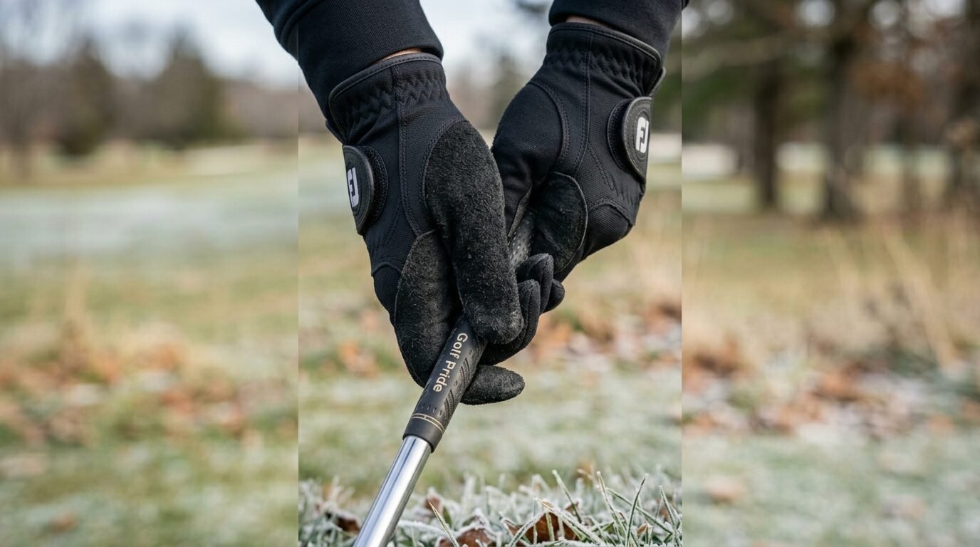 Close-up of a golfer's hands wearing black thermal gloves while gripping a Golf Pride club on a frosted course.