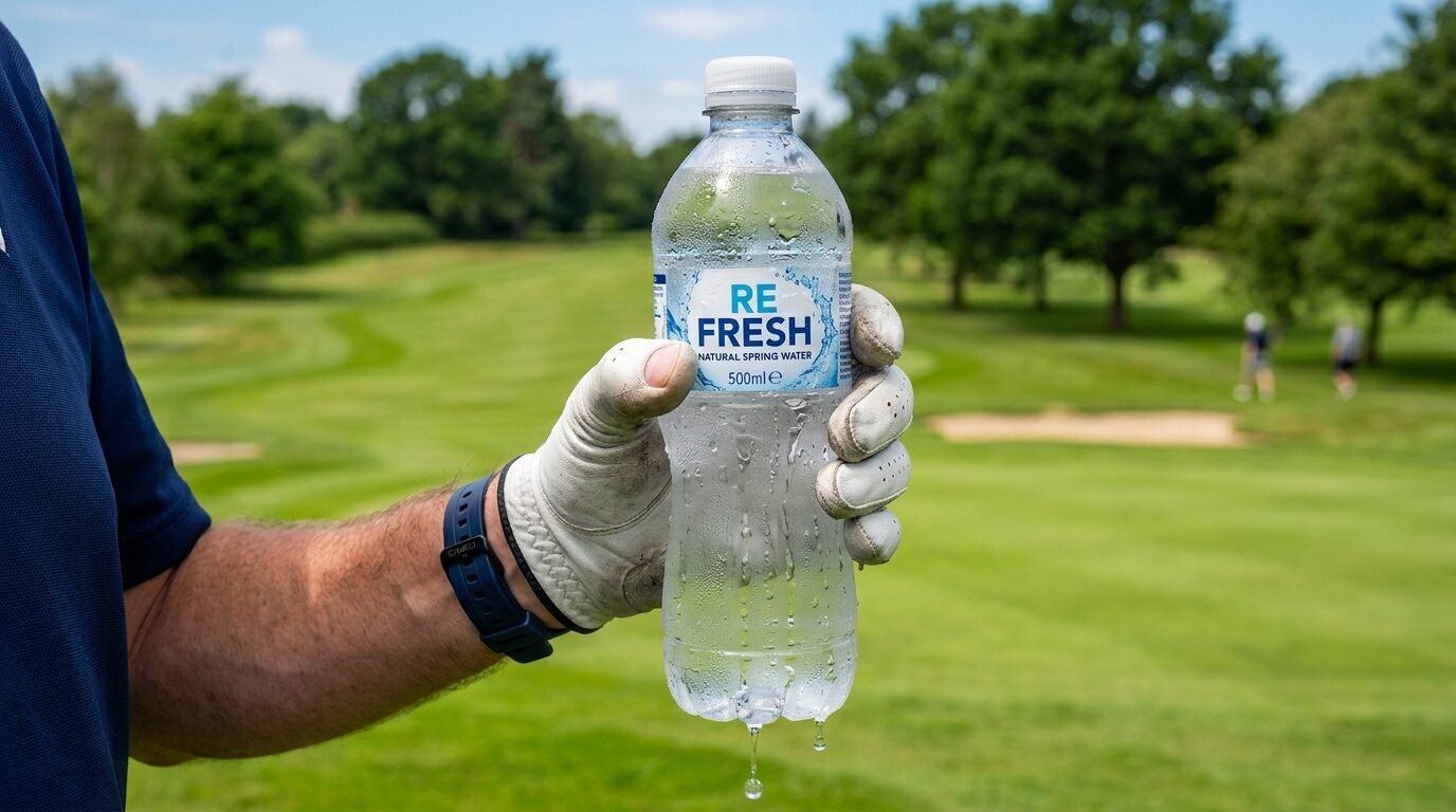 Close up of a gloved hand holding a condensation-covered water bottle on a sunny golf course.