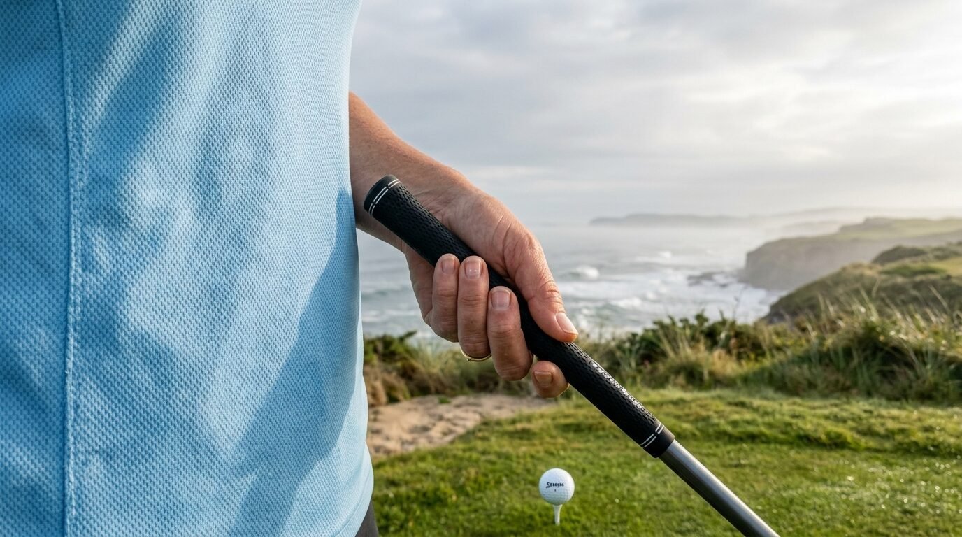 Close-up of a person in a blue shirt holding a golf club above a ball on a tee with a misty coastal view.