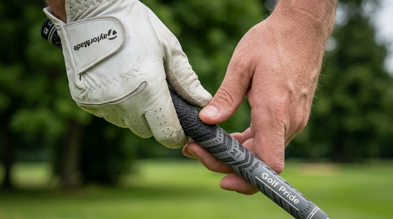 A golfer wearing a white TaylorMade glove grips a grey Golf Pride Align club handle on a green course.