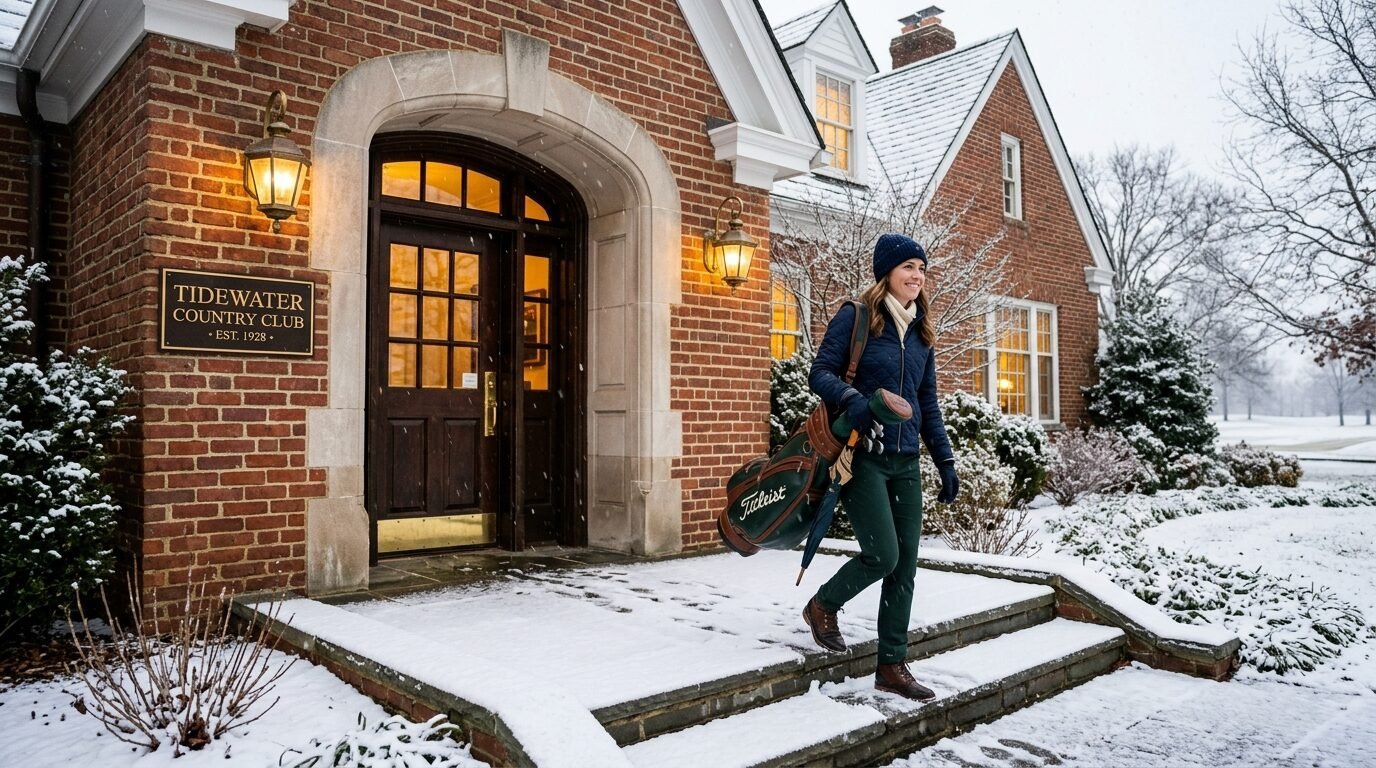 A woman in a navy jacket and winter hat walks down snowy steps outside a brick building carrying a Titleist golf bag.