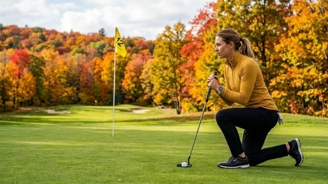 Female golfer in yellow top kneels on putting green during autumn with hole 12 flag in background.