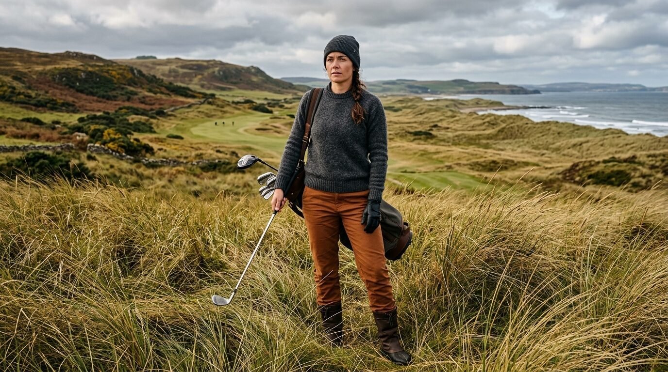Woman in a grey sweater and beanie holding a golf club while standing in tall grass on a windy coastal golf course.