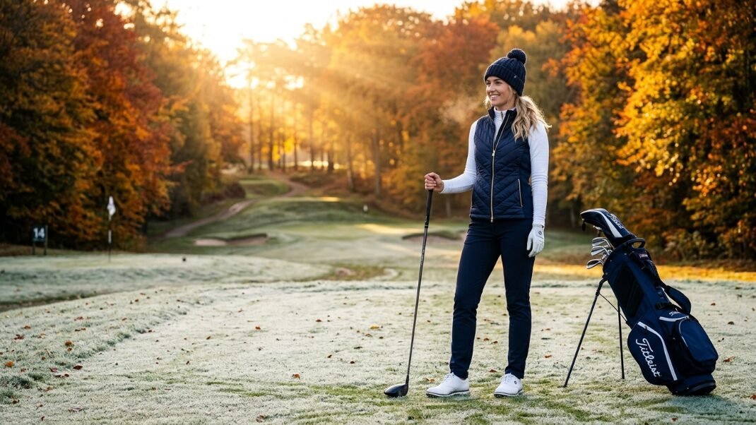 Woman in a navy vest and beanie holding a driver on a cold, sunny golf course with fall foliage.