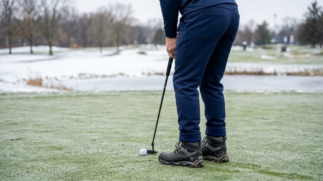Close up of a person in navy sweatpants and hiking boots lining up a golf putt on a frozen, snowy golf course.
