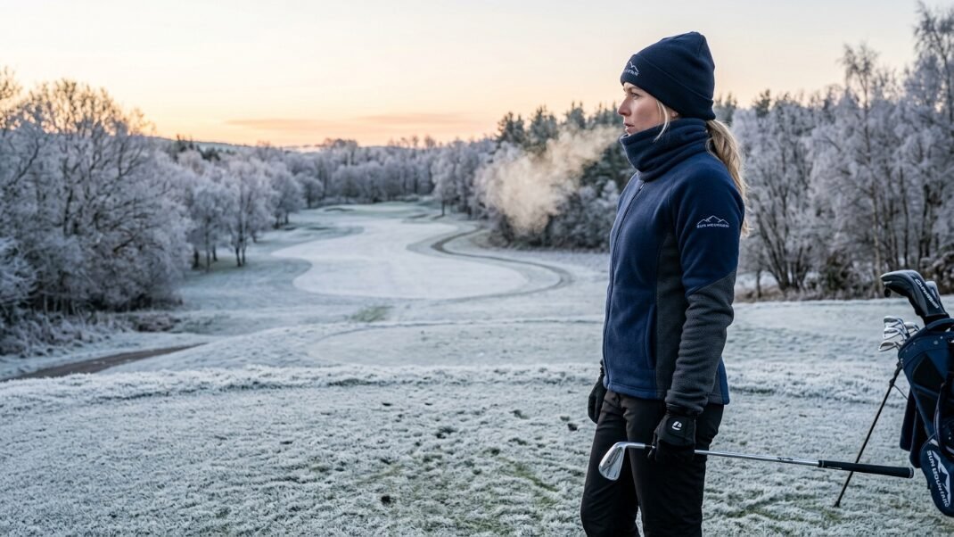 Woman in winter golf gear exhaling visible breath on a frosty morning at a golf course.
