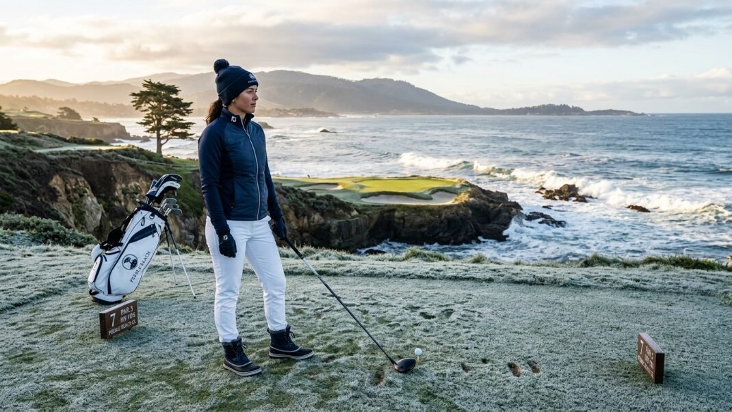 A female golfer in a pom-pom beanie and jacket standing on a frosty tee box overlooking the Pacific Ocean.