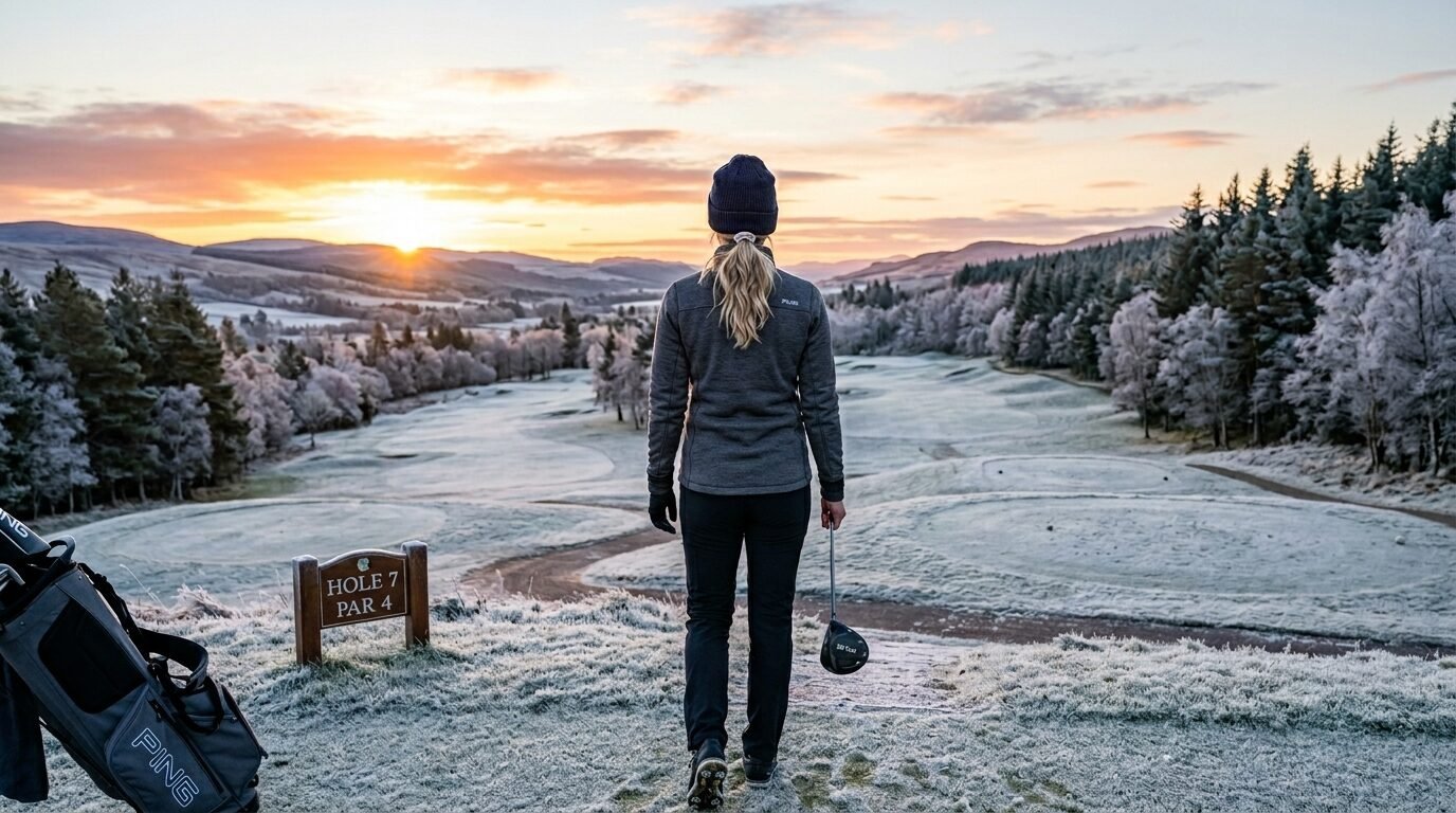 Golfer in winter gear holding a driver at the seventh hole on a frosty morning.
